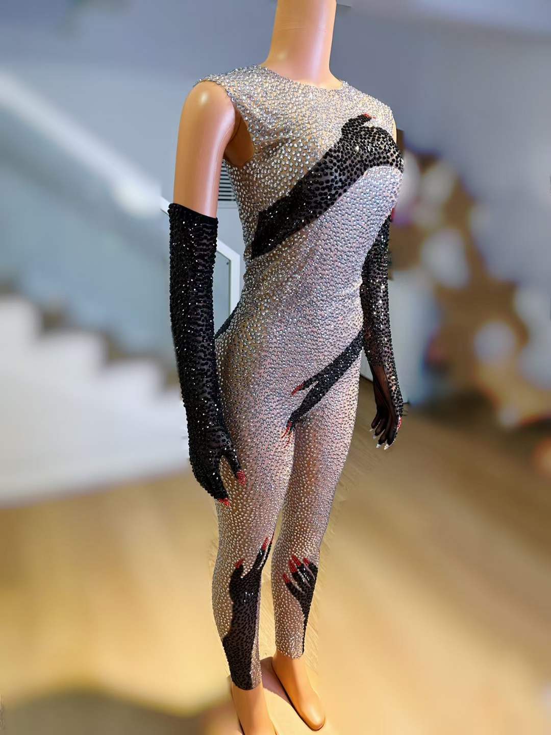 Halloween Extravaganza - Shiny Stone Black Hands Printed Jumpsuit with Gloves - Sexy Singer Stage Costume and Party Outfit