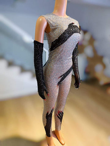 Halloween Extravaganza - Shiny Stone Black Hands Printed Jumpsuit with Gloves - Sexy Singer Stage Costume and Party Outfit Halloween Extravaganza - Shiny Stone Black Hands Printed Jumpsuit with Gloves - Sexy Singer Stage Costume and Party Outfit