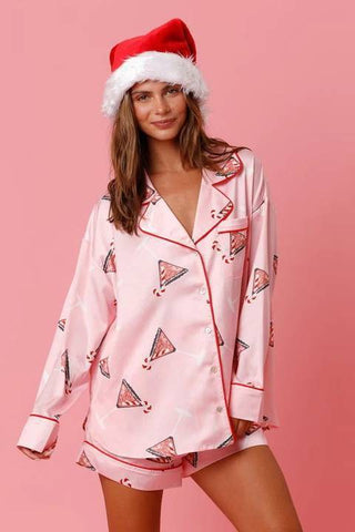 Satin Printed Santa Claus Two-piece Suit Home Satin Printed Santa Claus Two-piece Suit Home