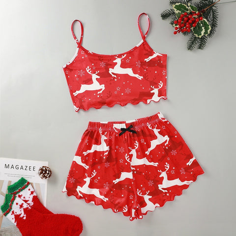 Christmas European And American Thin Pajamas Women's Sleeveless Shorts Milk Silk Simple Casual Two-piece Suit Homewear Christmas European And American Thin Pajamas Women's Sleeveless Shorts Milk Silk Simple Casual Two-piece Suit Homewear