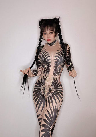 Sultry Halloween Glam - Sexy Black & White Stretch Jumpsuit for Spooktacular Nightclub, Bar, and Costume Dance Party Wear Sultry Halloween Glam - Sexy Black & White Stretch Jumpsuit for Spooktacular Nightclub, Bar, and Costume Dance Party Wear