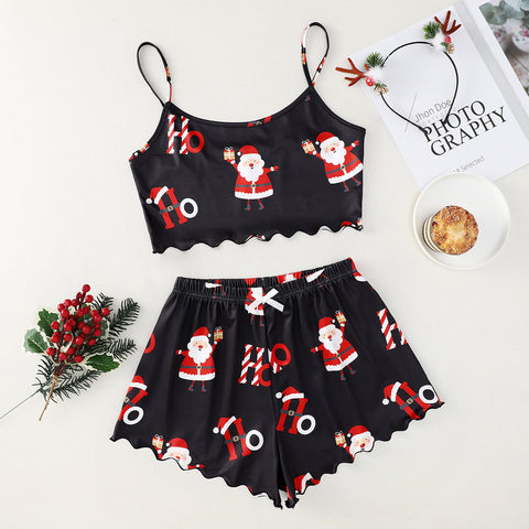 Christmas European And American Thin Pajamas Women's Sleeveless Shorts Milk Silk Simple Casual Two-piece Suit Homewear Christmas European And American Thin Pajamas Women's Sleeveless Shorts Milk Silk Simple Casual Two-piece Suit Homewear
