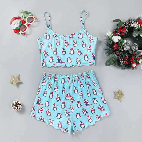 Christmas European And American Thin Pajamas Women's Sleeveless Shorts Milk Silk Simple Casual Two-piece Suit Homewear Christmas European And American Thin Pajamas Women's Sleeveless Shorts Milk Silk Simple Casual Two-piece Suit Homewear