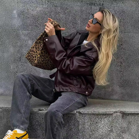 Solid Color Lapel Zipper Jacket Fashion Casual Long Sleeve Leather Coat Tops Women Clothing Solid Color Lapel Zipper Jacket Fashion Casual Long Sleeve Leather Coat Tops Women Clothing