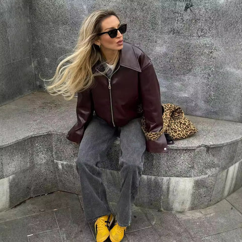 Solid Color Lapel Zipper Jacket Fashion Casual Long Sleeve Leather Coat Tops Women Clothing Solid Color Lapel Zipper Jacket Fashion Casual Long Sleeve Leather Coat Tops Women Clothing