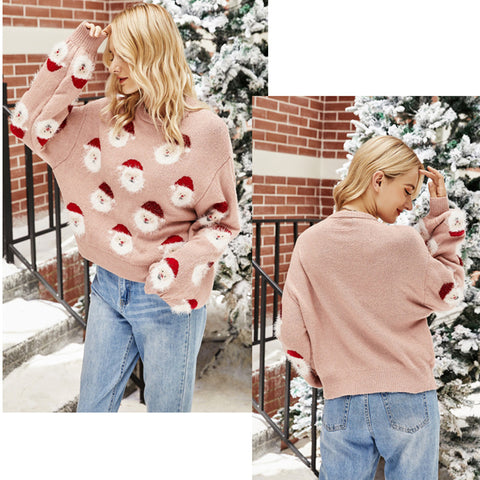 Christmas Sweater Women Cute Cartoon Santa Print Knit Sweater Winter Tops Christmas Sweater Women Cute Cartoon Santa Print Knit Sweater Winter Tops