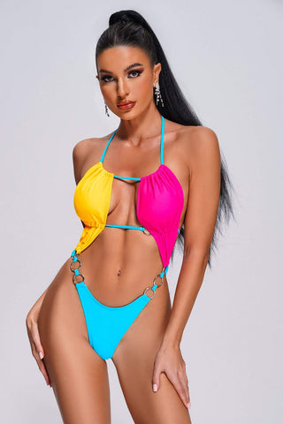 Chic Fusion - Metal Rings, Tummy Cut-Out, Backless High-Cut Monokini Swimwear Chic Fusion - Metal Rings, Tummy Cut-Out, Backless High-Cut Monokini Swimwear