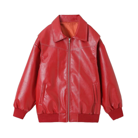 Loose Fashion Lapel Zip-up Jacket Cool Long Sleeve Zipper Closure Moto Biker Leather Jacket Womens Clothing Loose Fashion Lapel Zip-up Jacket Cool Long Sleeve Zipper Closure Moto Biker Leather Jacket Womens Clothing