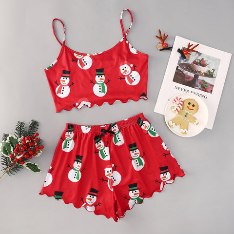Christmas European And American Thin Pajamas Women's Sleeveless Shorts Milk Silk Simple Casual Two-piece Suit Homewear Christmas European And American Thin Pajamas Women's Sleeveless Shorts Milk Silk Simple Casual Two-piece Suit Homewear
