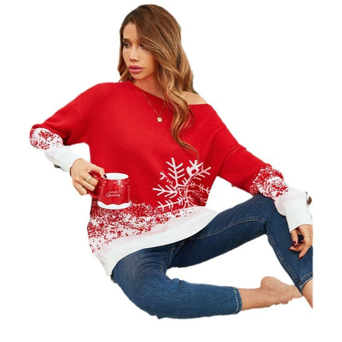 Little Snowflake Christmas Sweater Casual Off-the-shoulder Sweater Women Little Snowflake Christmas Sweater Casual Off-the-shoulder Sweater Women