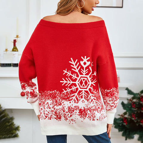 Little Snowflake Christmas Sweater Casual Off-the-shoulder Sweater Women Little Snowflake Christmas Sweater Casual Off-the-shoulder Sweater Women