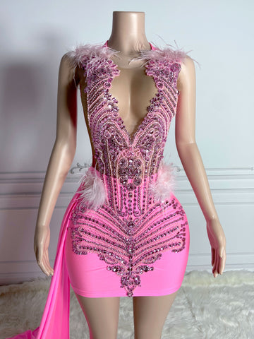 Chic Pink Elegance - Rhinestone-Adorned Homecoming Dress with Velvet, Birthday Glamour Chic Pink Elegance - Rhinestone-Adorned Homecoming Dress with Velvet, Birthday Glamour