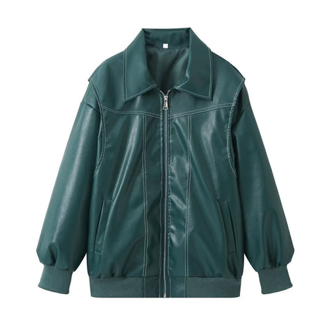 Loose Fashion Lapel Zip-up Jacket Cool Long Sleeve Zipper Closure Moto Biker Leather Jacket Womens Clothing Loose Fashion Lapel Zip-up Jacket Cool Long Sleeve Zipper Closure Moto Biker Leather Jacket Womens Clothing