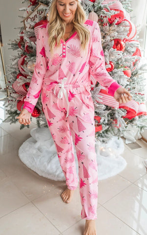 Christmas Pajamas Suit Christmas Tree Printed Long Sleeve Button Two-piece Set Christmas Pajamas Suit Christmas Tree Printed Long Sleeve Button Two-piece Set
