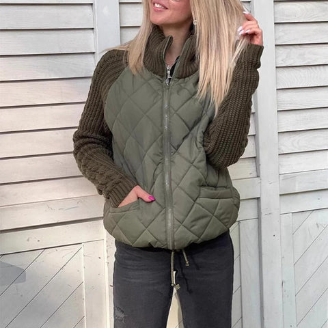 Stand Collar Cotton Jacket With Pockets Fashion Knitted Stitching Zipper Coat Winter Warm Tops For Women Stand Collar Cotton Jacket With Pockets Fashion Knitted Stitching Zipper Coat Winter Warm Tops For Women