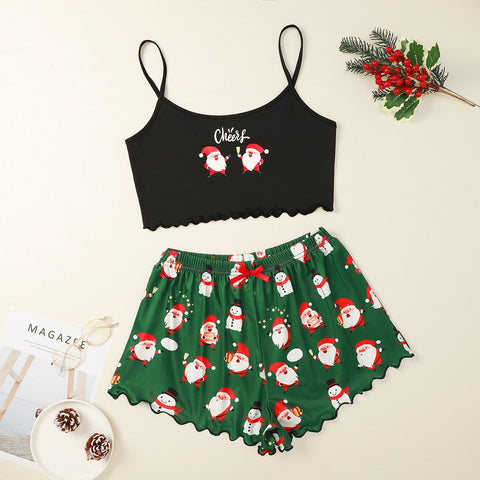 Christmas European And American Thin Pajamas Women's Sleeveless Shorts Milk Silk Simple Casual Two-piece Suit Homewear Christmas European And American Thin Pajamas Women's Sleeveless Shorts Milk Silk Simple Casual Two-piece Suit Homewear