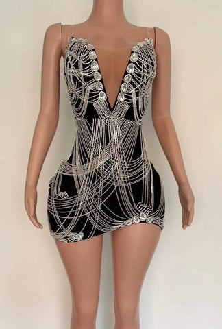 Sparkling Silver Rhinestone Chain Mesh Dress - Perfect for Celebrations, Clubs, and Performances Sparkling Silver Rhinestone Chain Mesh Dress - Perfect for Celebrations, Clubs, and Performances
