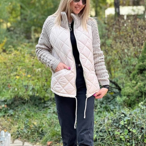 Stand Collar Cotton Jacket With Pockets Fashion Knitted Stitching Zipper Coat Winter Warm Tops For Women Stand Collar Cotton Jacket With Pockets Fashion Knitted Stitching Zipper Coat Winter Warm Tops For Women