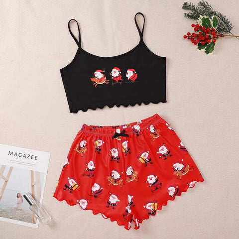 Christmas European And American Thin Pajamas Women's Sleeveless Shorts Milk Silk Simple Casual Two-piece Suit Homewear Christmas European And American Thin Pajamas Women's Sleeveless Shorts Milk Silk Simple Casual Two-piece Suit Homewear