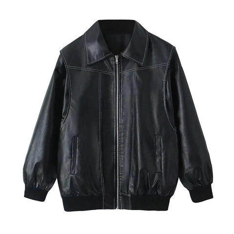 Loose Fashion Lapel Zip-up Jacket Cool Long Sleeve Zipper Closure Moto Biker Leather Jacket Womens Clothing Loose Fashion Lapel Zip-up Jacket Cool Long Sleeve Zipper Closure Moto Biker Leather Jacket Womens Clothing