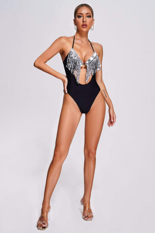 Seductive Sequins - Backless Deep V-neck Beach Bodysuit Swimwear Cover Up Seductive Sequins - Backless Deep V-neck Beach Bodysuit Swimwear Cover Up