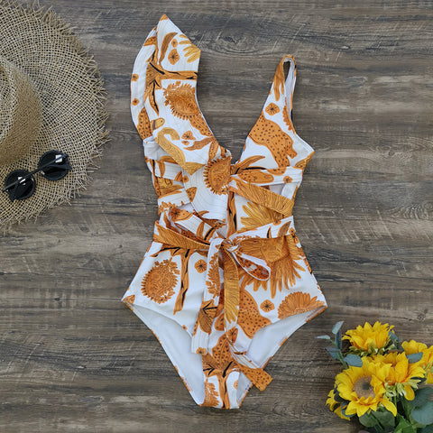 Sunny Chic - Yellow Sun Print Ruffle V-Neck Backless One Piece. Sunny Chic - Yellow Sun Print Ruffle V-Neck Backless One Piece.