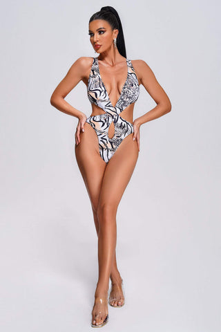 Chic Allure - Deep V-Neck Printed Cutout Monokini for Trendsetting Swimwear Chic Allure - Deep V-Neck Printed Cutout Monokini for Trendsetting Swimwear