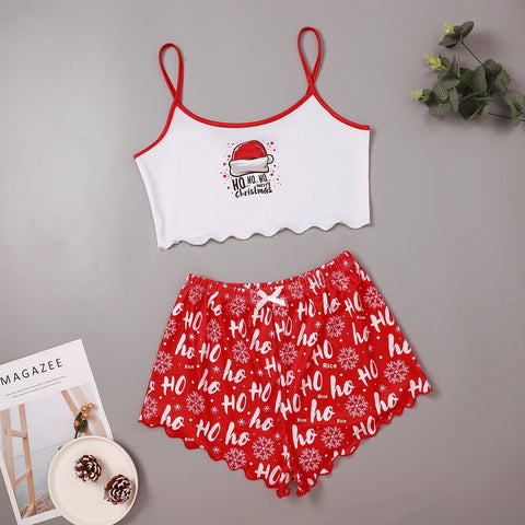 Christmas European And American Thin Pajamas Women's Sleeveless Shorts Milk Silk Simple Casual Two-piece Suit Homewear Christmas European And American Thin Pajamas Women's Sleeveless Shorts Milk Silk Simple Casual Two-piece Suit Homewear
