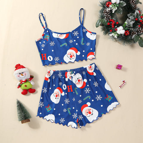 Christmas European And American Thin Pajamas Women's Sleeveless Shorts Milk Silk Simple Casual Two-piece Suit Homewear Christmas European And American Thin Pajamas Women's Sleeveless Shorts Milk Silk Simple Casual Two-piece Suit Homewear