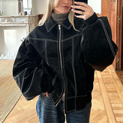 Loose Fashion Lapel Zip-up Jacket Cool Long Sleeve Zipper Closure Moto Biker Leather Jacket Womens Clothing Loose Fashion Lapel Zip-up Jacket Cool Long Sleeve Zipper Closure Moto Biker Leather Jacket Womens Clothing