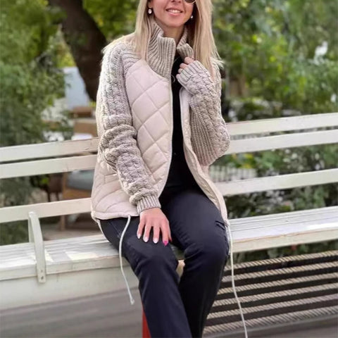 Stand Collar Cotton Jacket With Pockets Fashion Knitted Stitching Zipper Coat Winter Warm Tops For Women Stand Collar Cotton Jacket With Pockets Fashion Knitted Stitching Zipper Coat Winter Warm Tops For Women