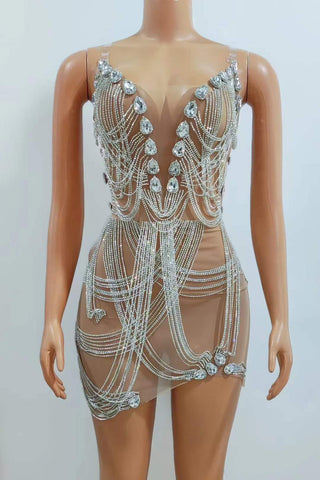 Sparkling Silver Rhinestone Chain Mesh Dress - Perfect for Celebrations, Clubs, and Performances Sparkling Silver Rhinestone Chain Mesh Dress - Perfect for Celebrations, Clubs, and Performances