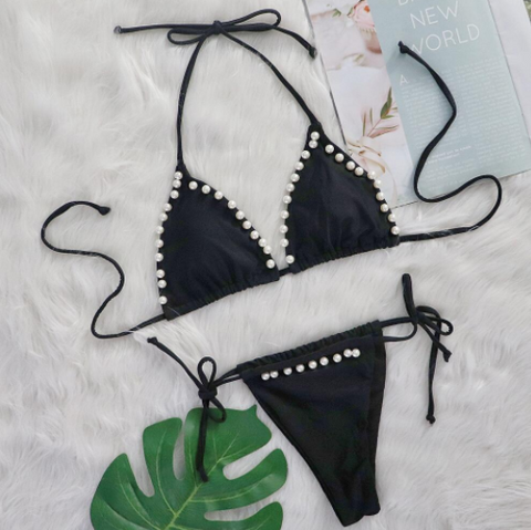 Pearly Elegance - Halter Strappy Bikini, Embracing Seduction in Swimwear Glamour Pearly Elegance - Halter Strappy Bikini, Embracing Seduction in Swimwear Glamour
