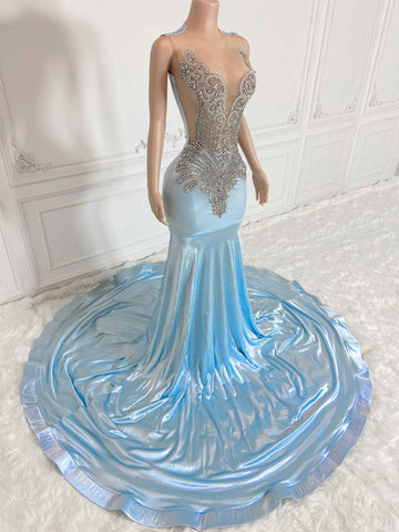 Sapphire Elegance - Sheer Neckline, Crystal Tassel Mermaid Prom Evening Dress Sapphire Elegance - Sheer Neckline, Crystal Tassel Mermaid Prom Evening Dress