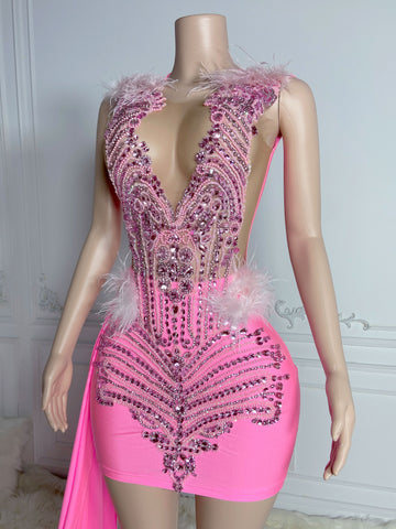 Chic Pink Elegance - Rhinestone-Adorned Homecoming Dress with Velvet, Birthday Glamour Chic Pink Elegance - Rhinestone-Adorned Homecoming Dress with Velvet, Birthday Glamour