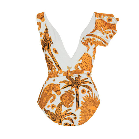 Sunny Chic - Yellow Sun Print Ruffle V-Neck Backless One Piece. Sunny Chic - Yellow Sun Print Ruffle V-Neck Backless One Piece.
