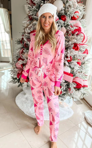 Christmas Pajamas Suit Christmas Tree Printed Long Sleeve Button Two-piece Set Christmas Pajamas Suit Christmas Tree Printed Long Sleeve Button Two-piece Set