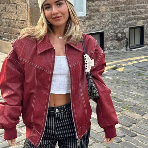 Loose Fashion Lapel Zip-up Jacket Cool Long Sleeve Zipper Closure Moto Biker Leather Jacket Womens Clothing Loose Fashion Lapel Zip-up Jacket Cool Long Sleeve Zipper Closure Moto Biker Leather Jacket Womens Clothing