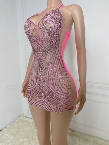 Dazzling Radiance - Pink Rhinestone Halter Mini Prom Dress for Women Dazzling Radiance - Pink Rhinestone Halter Mini Prom Dress for Women