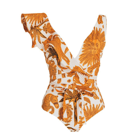 Sunny Chic - Yellow Sun Print Ruffle V-Neck Backless One Piece. Sunny Chic - Yellow Sun Print Ruffle V-Neck Backless One Piece.