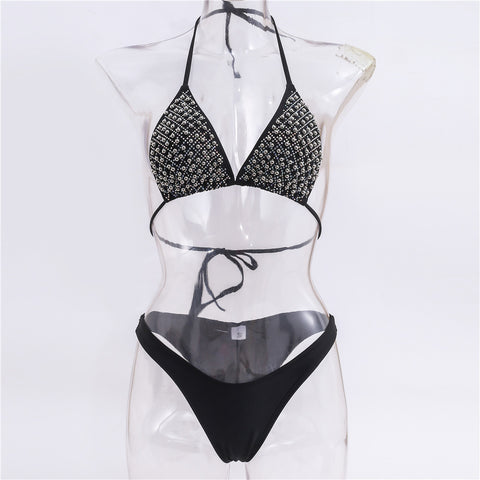Diamond Swimsuit with Shiny Strappy Bandage Accents Diamond Swimsuit with Shiny Strappy Bandage Accents