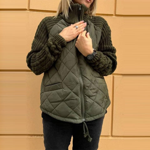 Stand Collar Cotton Jacket With Pockets Fashion Knitted Stitching Zipper Coat Winter Warm Tops For Women Stand Collar Cotton Jacket With Pockets Fashion Knitted Stitching Zipper Coat Winter Warm Tops For Women