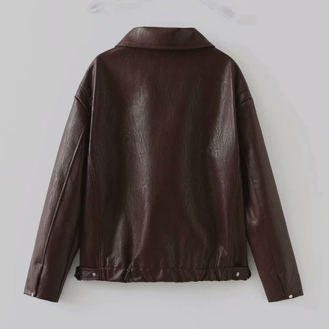 Solid Color Lapel Zipper Jacket Fashion Casual Long Sleeve Leather Coat Tops Women Clothing Solid Color Lapel Zipper Jacket Fashion Casual Long Sleeve Leather Coat Tops Women Clothing