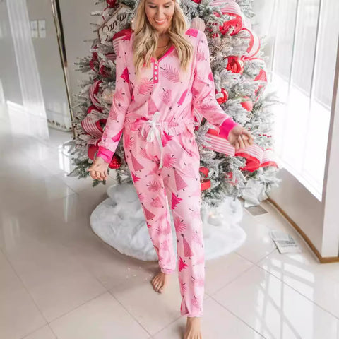 Christmas Pajamas Suit Christmas Tree Printed Long Sleeve Button Two-piece Set Christmas Pajamas Suit Christmas Tree Printed Long Sleeve Button Two-piece Set