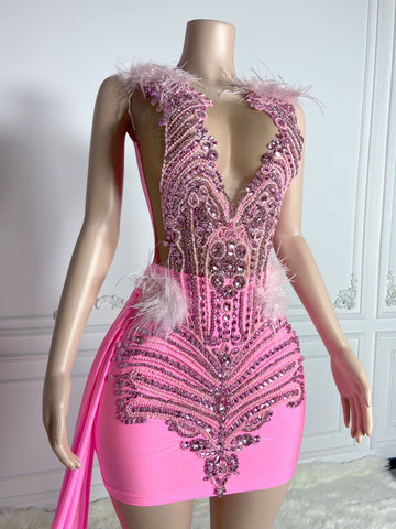 Chic Pink Elegance - Rhinestone-Adorned Homecoming Dress with Velvet, Birthday Glamour Chic Pink Elegance - Rhinestone-Adorned Homecoming Dress with Velvet, Birthday Glamour