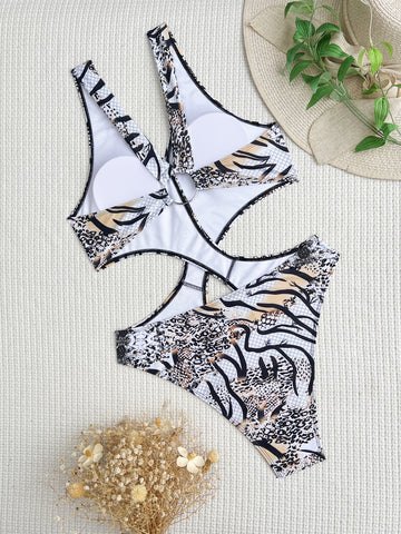 Chic Allure - Deep V-Neck Printed Cutout Monokini for Trendsetting Swimwear Chic Allure - Deep V-Neck Printed Cutout Monokini for Trendsetting Swimwear