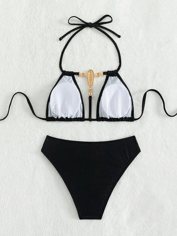 Halter Elegance - Black Lace-Up Swim Set, Sizzling Style for Women Halter Elegance - Black Lace-Up Swim Set, Sizzling Style for Women