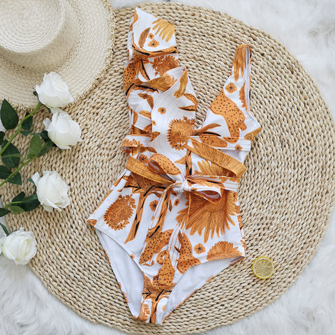 Sunny Chic - Yellow Sun Print Ruffle V-Neck Backless One Piece. Sunny Chic - Yellow Sun Print Ruffle V-Neck Backless One Piece.