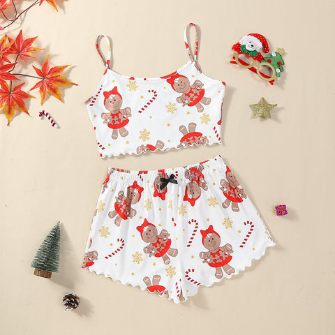 Christmas European And American Thin Pajamas Women's Sleeveless Shorts Milk Silk Simple Casual Two-piece Suit Homewear Christmas European And American Thin Pajamas Women's Sleeveless Shorts Milk Silk Simple Casual Two-piece Suit Homewear