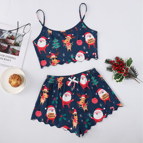 Christmas European And American Thin Pajamas Women's Sleeveless Shorts Milk Silk Simple Casual Two-piece Suit Homewear Christmas European And American Thin Pajamas Women's Sleeveless Shorts Milk Silk Simple Casual Two-piece Suit Homewear